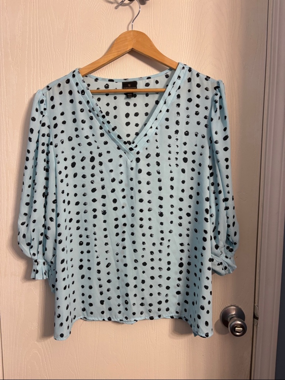 Worthington Pale Blue Polka Dot V-Neck Blouse